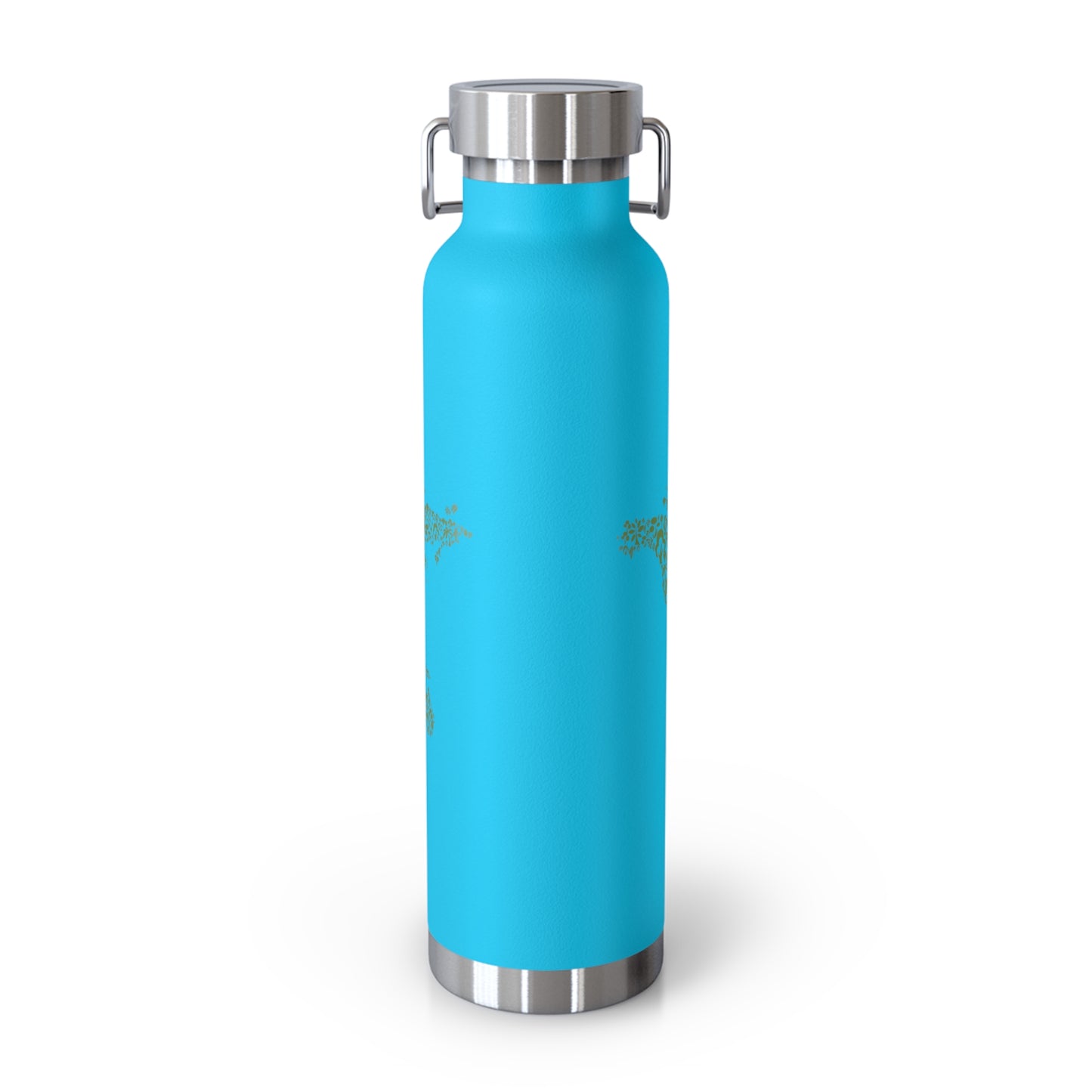 Blue water bottle with silver cap on a white background