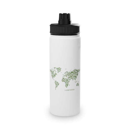 White water bottle with black lid and world map design on a white background