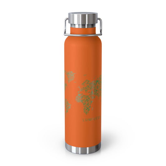 Orange water bottle with silver cap and world map design on a white background