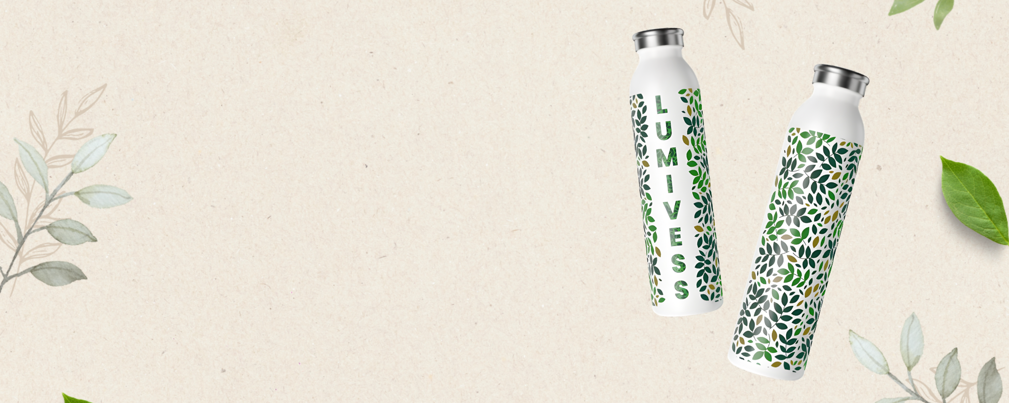 Two insulated water bottles with leaf patterns on a beige background