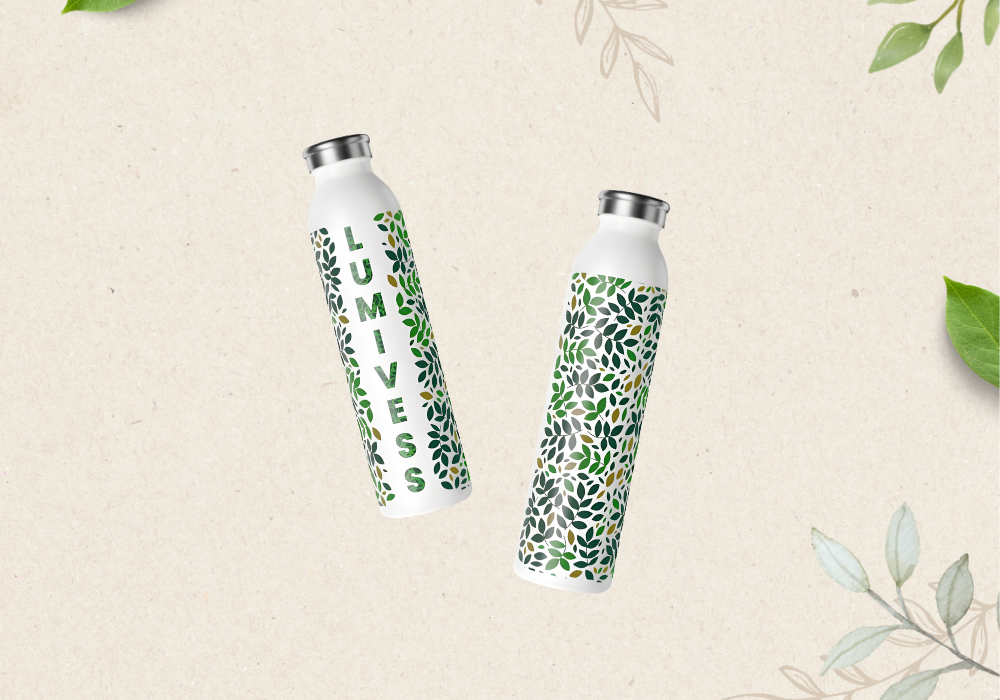 Two white water bottles with green leaf patterns and 'Lumivess' text on a beige background with leaf decorations.