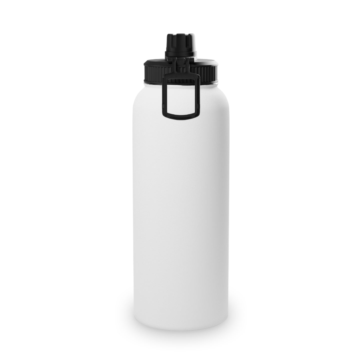 White water bottle with a black cap on a white background