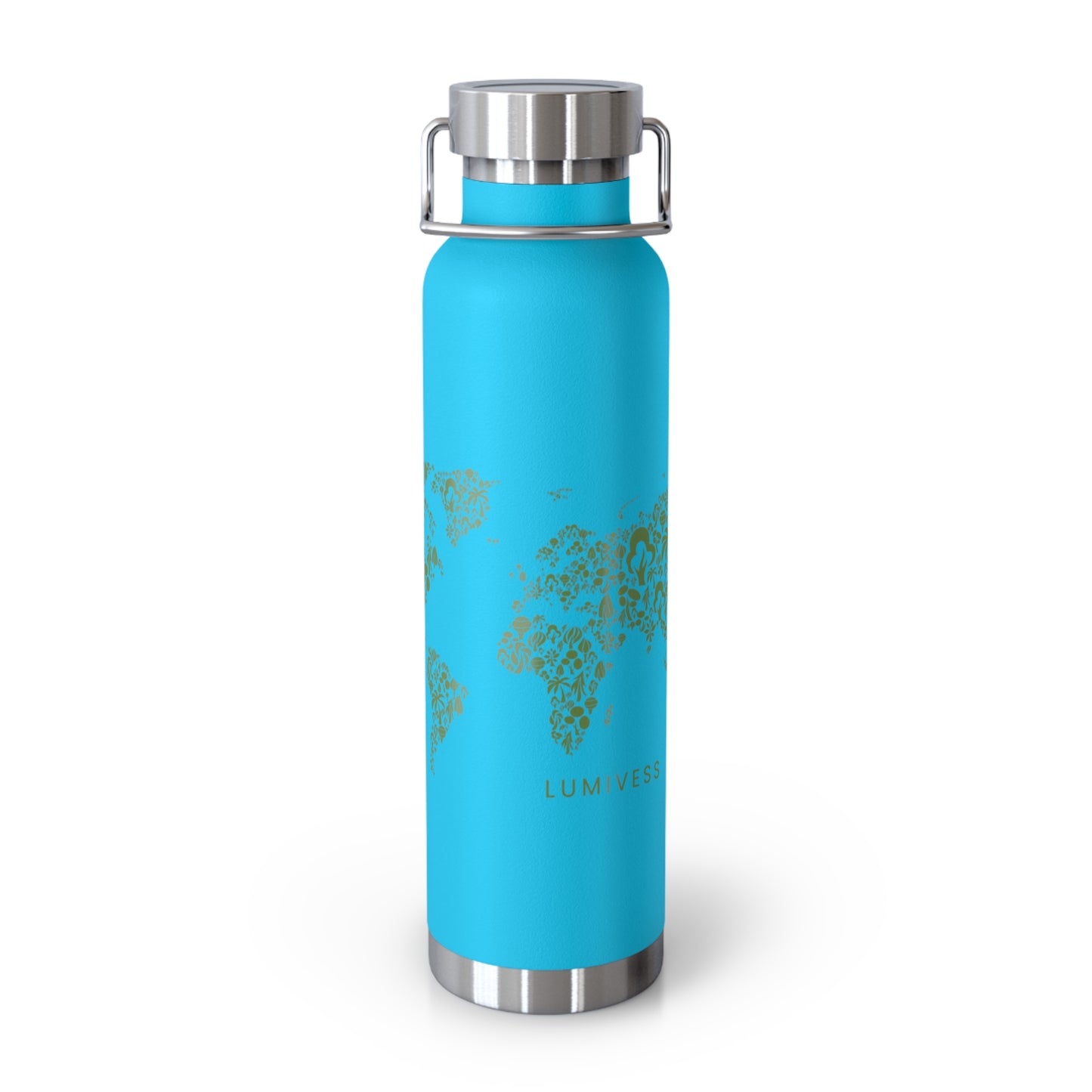 Blue insulated bottle with silver lid and world map design on a white background