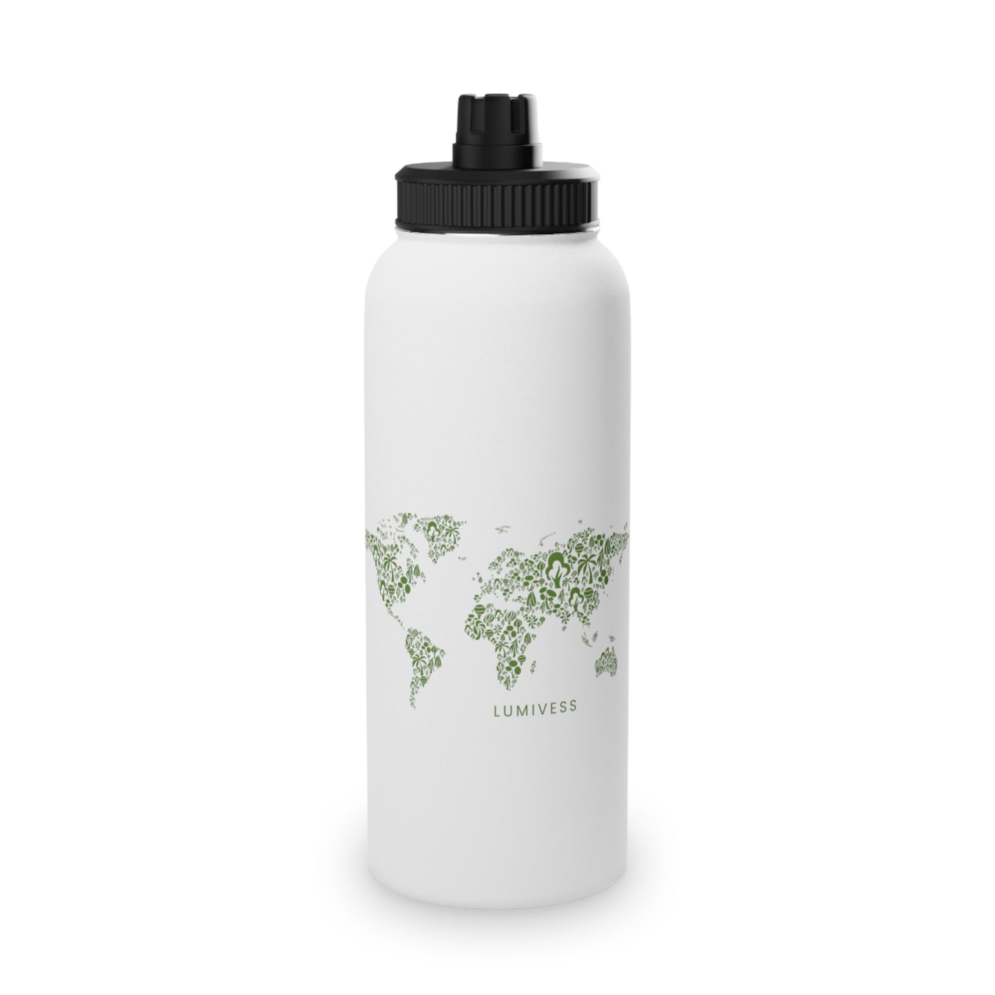 White water bottle with world map design and black lid on a white background
