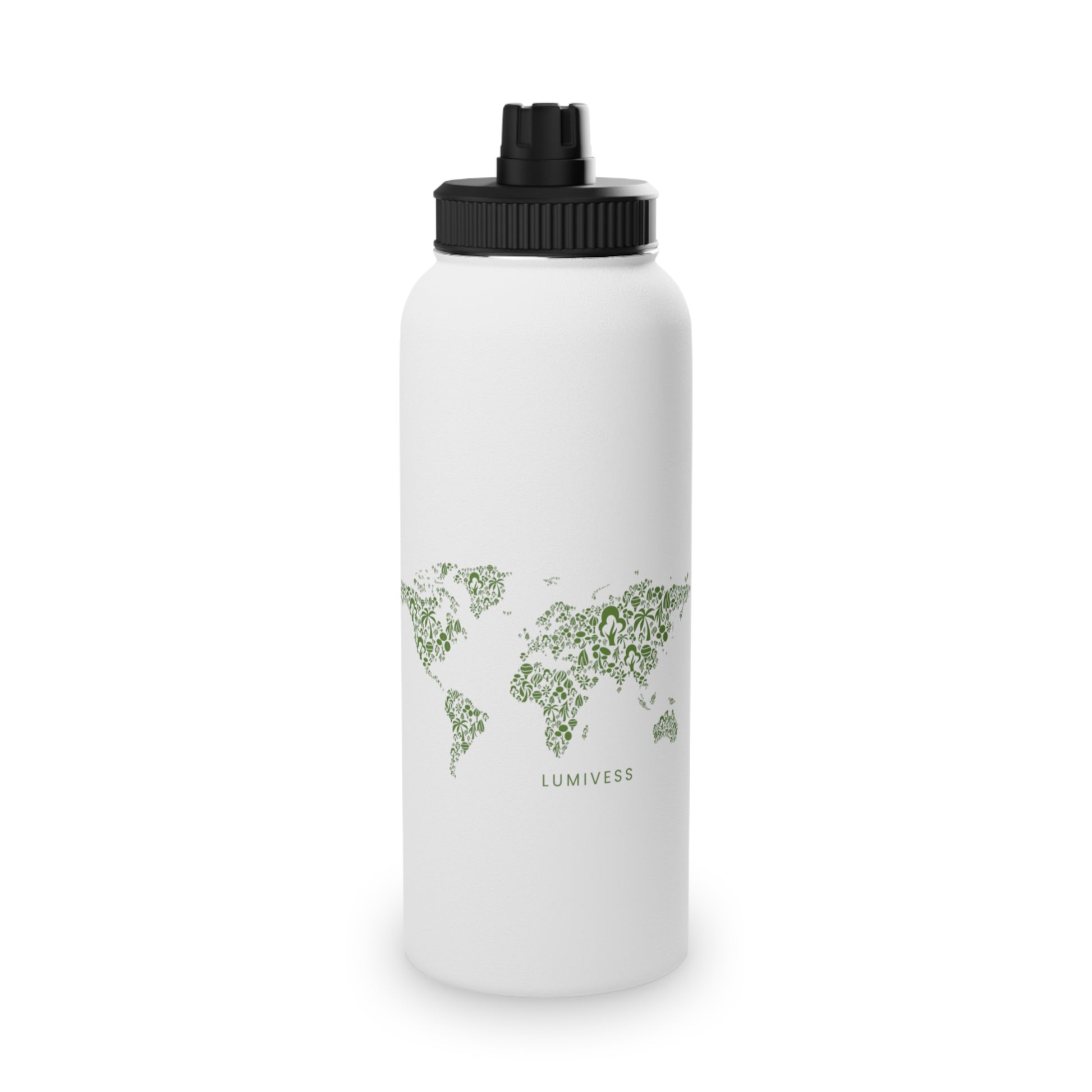 White water bottle with world map design and black lid on a white background
