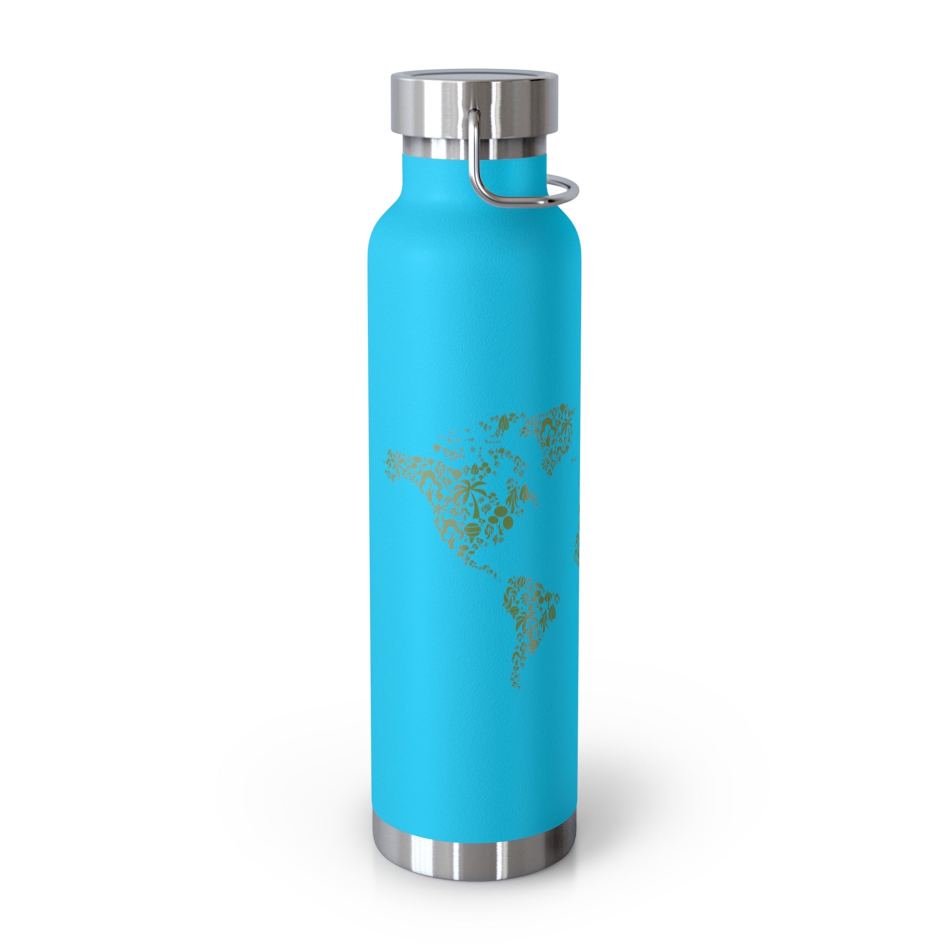 Turquoise water bottle with silver cap and world map design on a white background