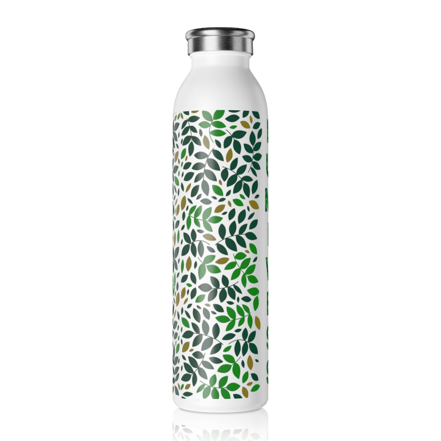 White water bottle with green leaf pattern on a white background