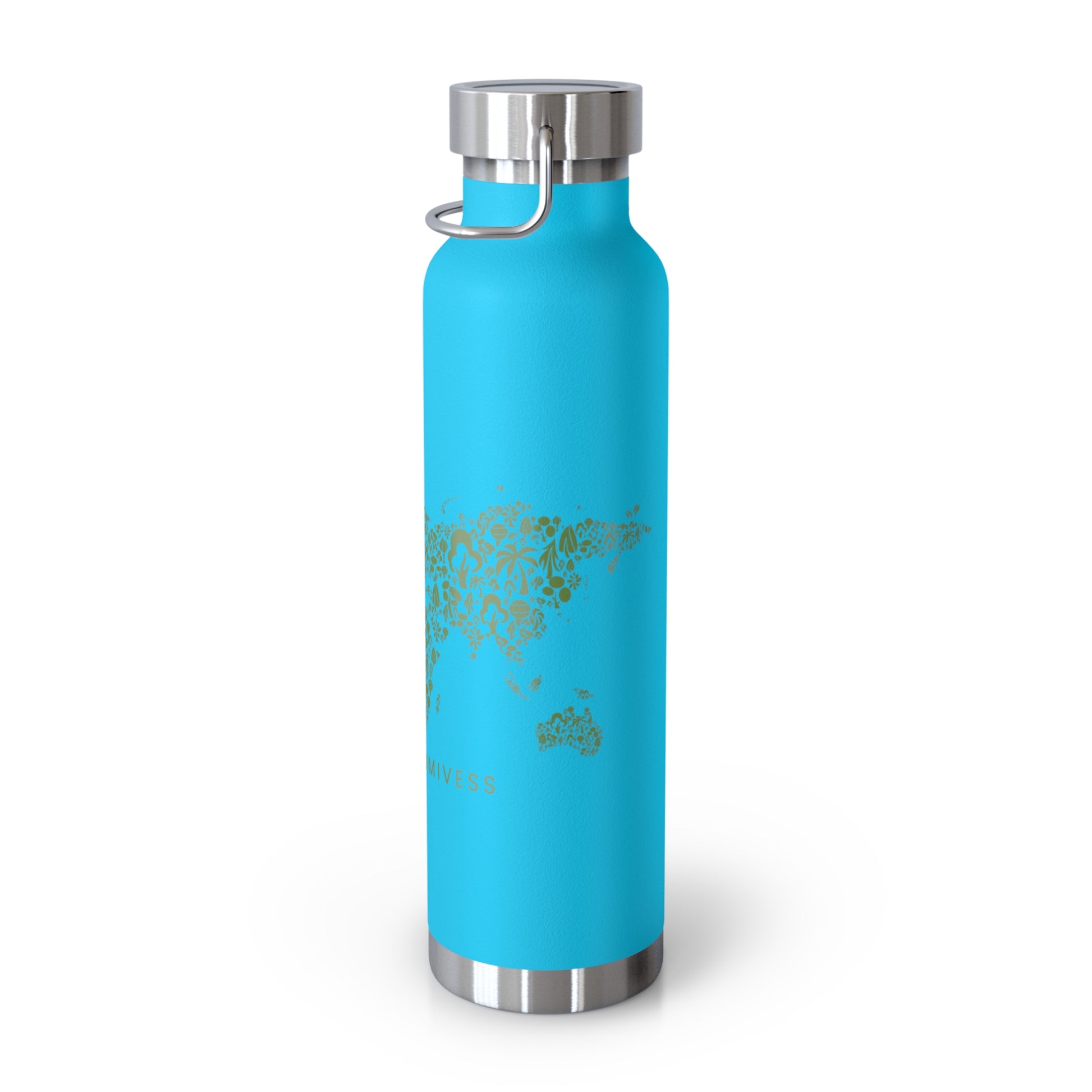 Blue water bottle with silver cap and floral design on a white background