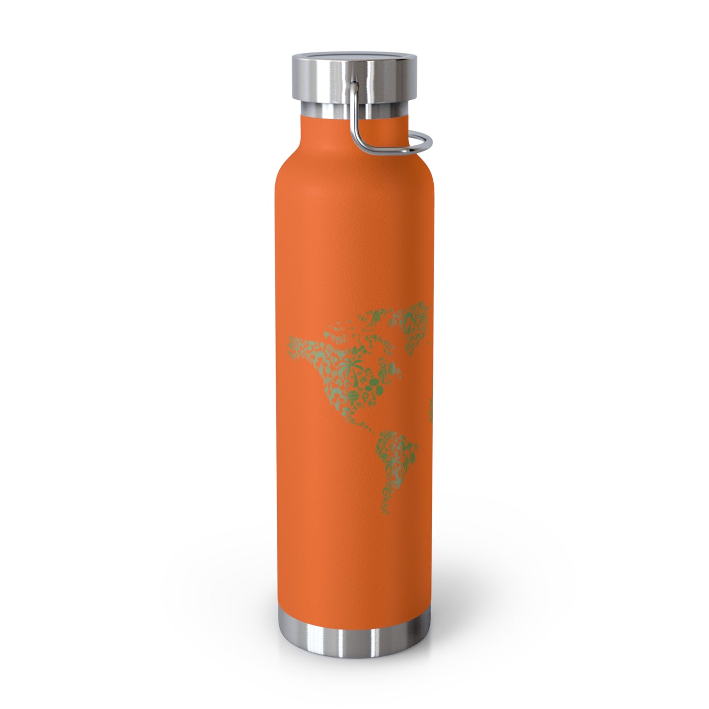 Orange water bottle with world map design on a white background