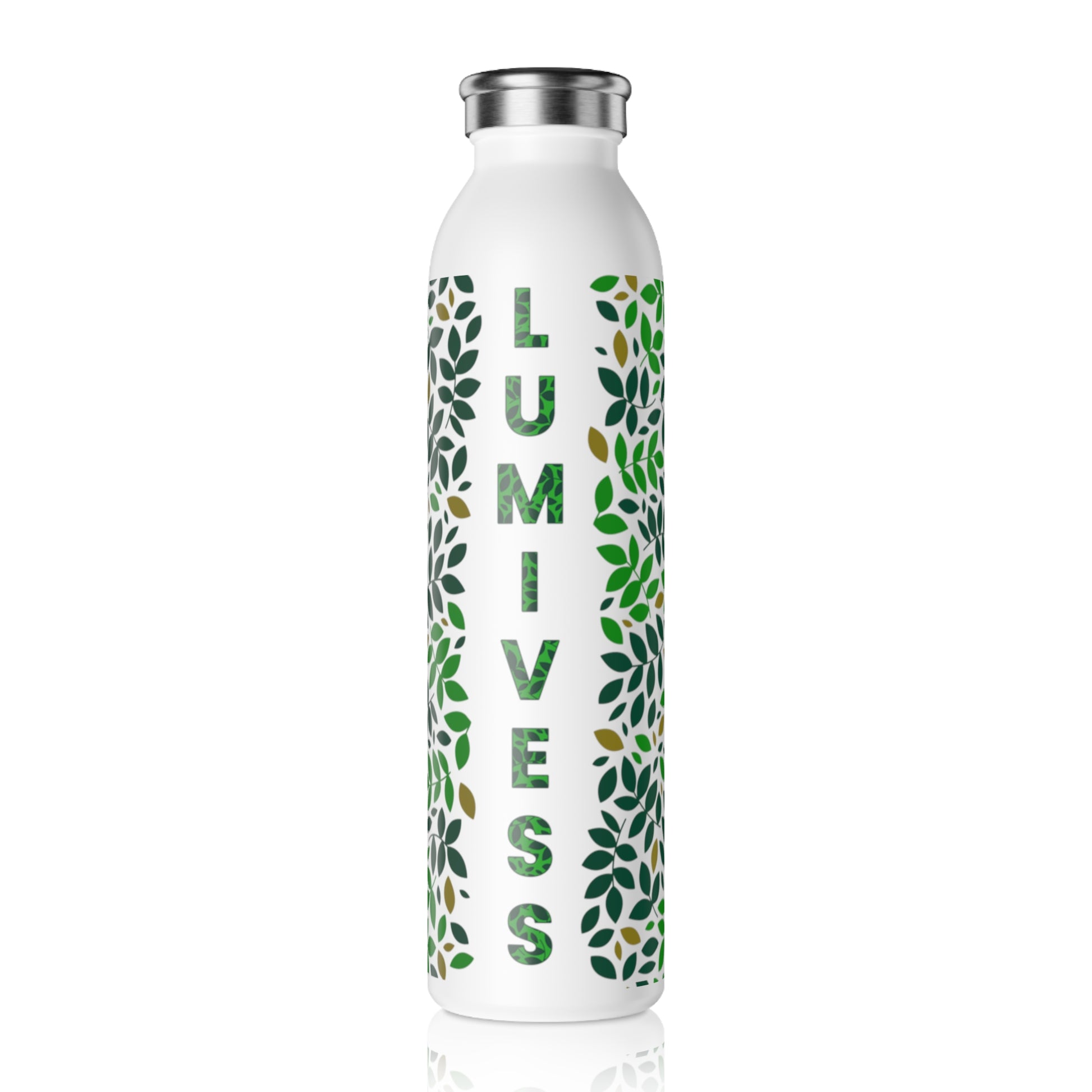 White water bottle with green leaf pattern and 'LUMIVES' text on a white background