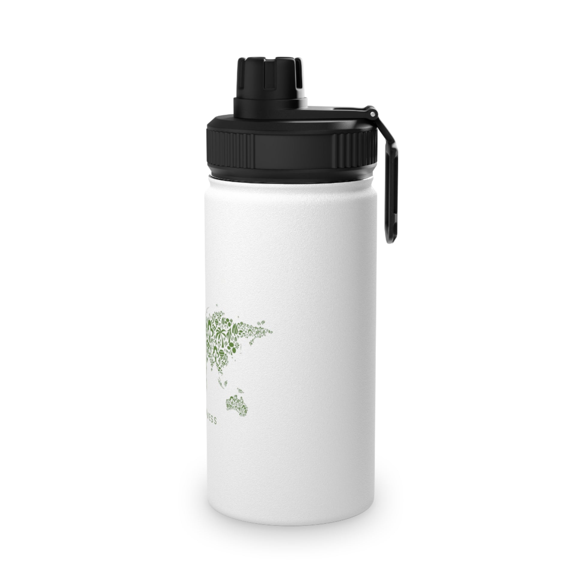 White water bottle with black lid and green leaf design on a white background