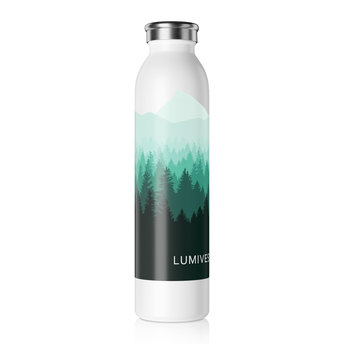 White water bottle with a forest design and 'LUMIVES' branding on a white background
