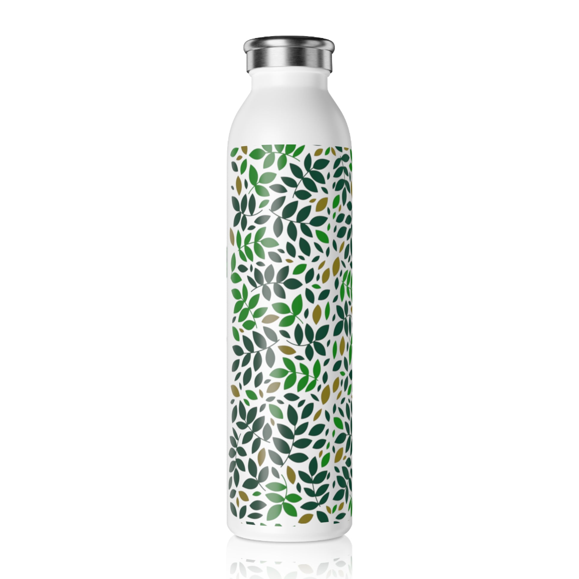 White water bottle with green leaf pattern on a white background