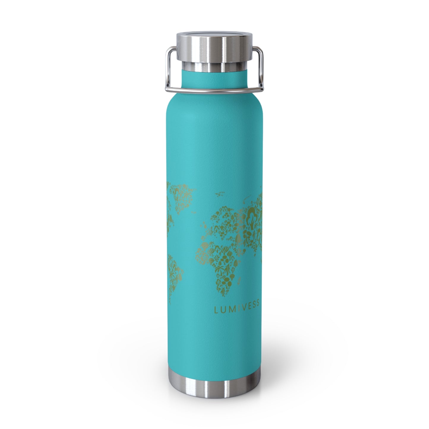 Turquoise water bottle with silver cap and world map design on a white background