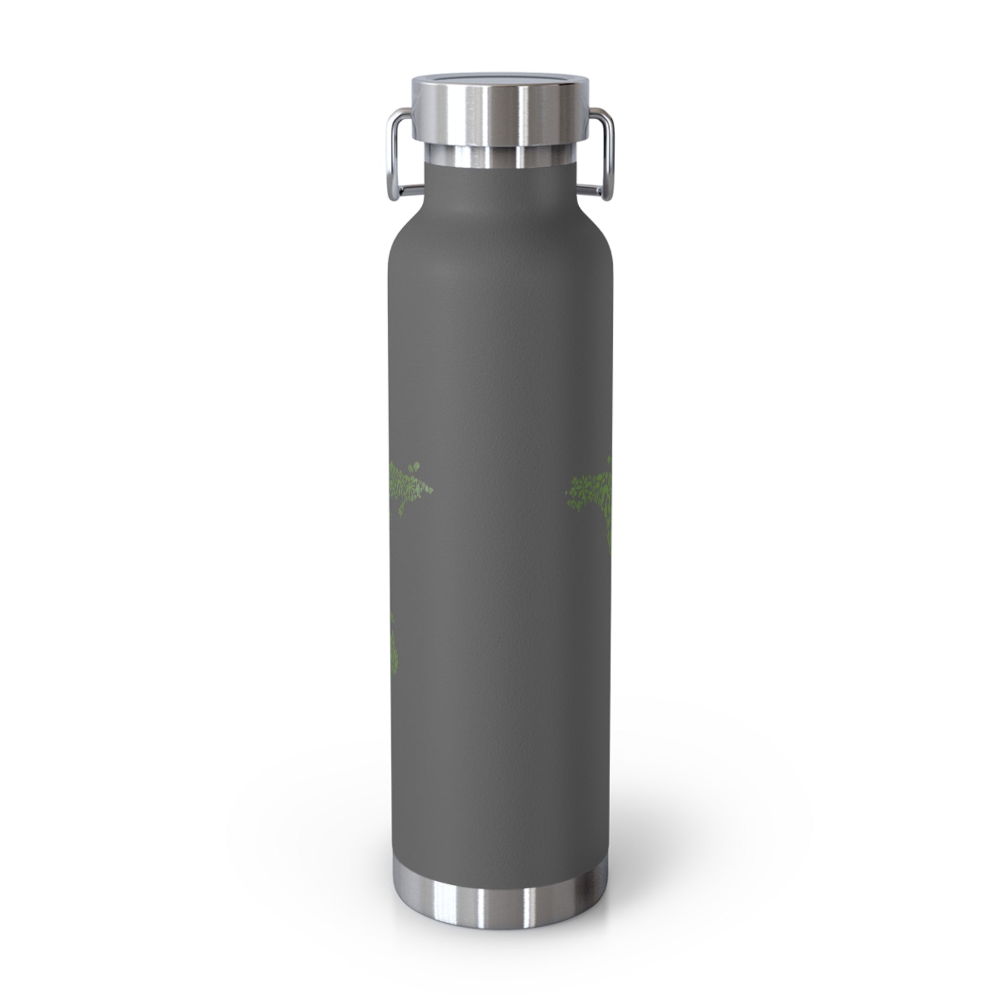 Gray water bottle with silver cap and logo on a white background