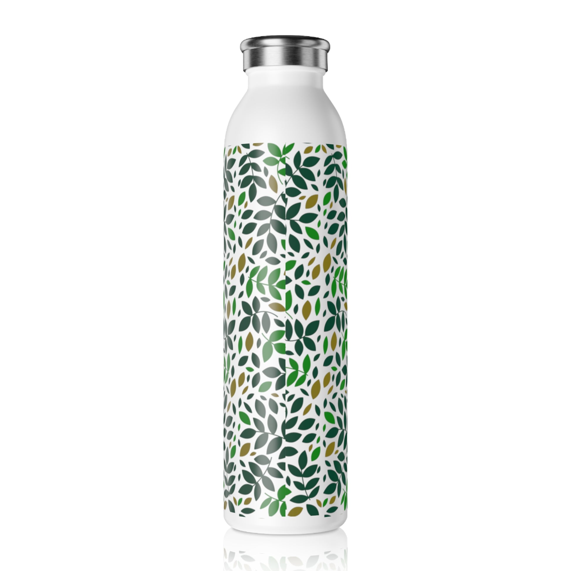 White water bottle with green leaf pattern on a white background