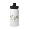 White water bottle with black lid and world map design on a white background