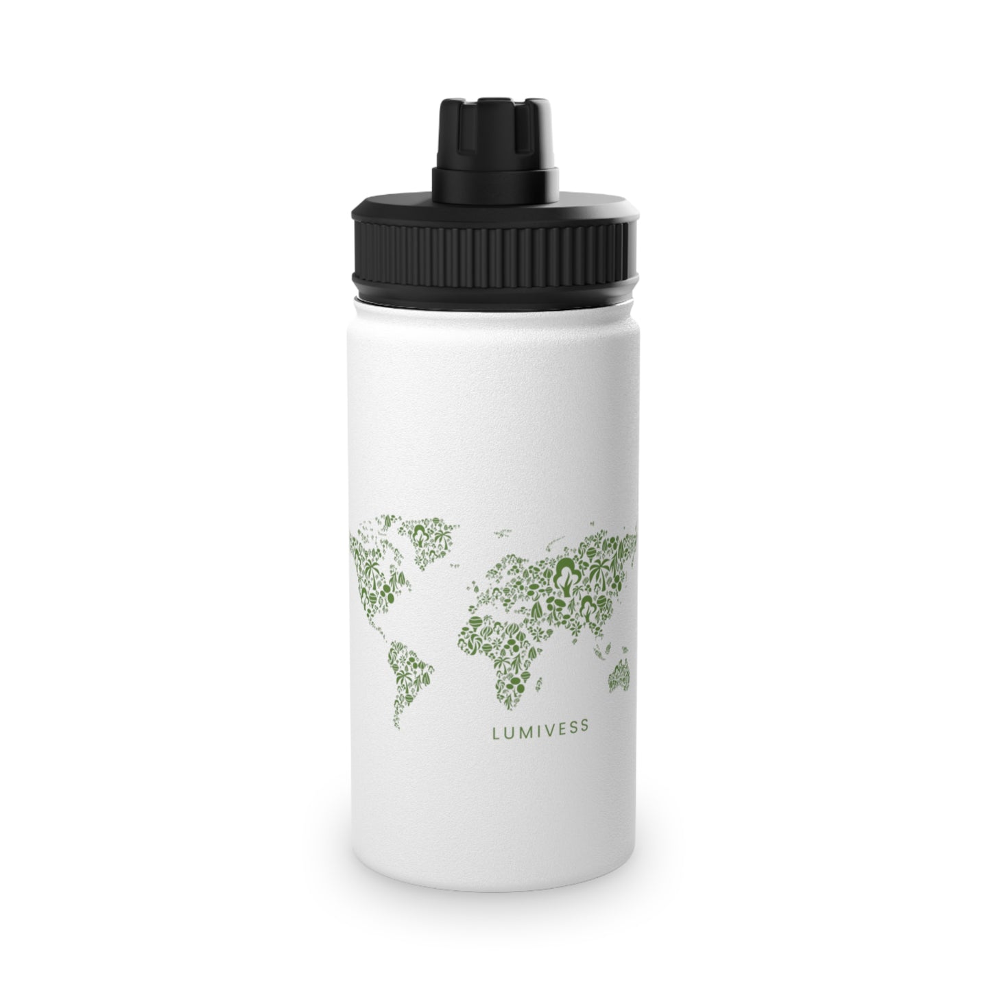 White water bottle with black lid and world map design on a white background