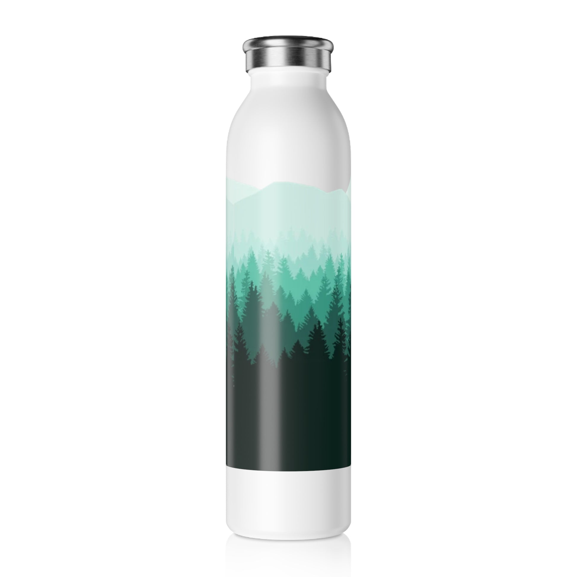 White water bottle with a gradient design of trees from green to black on a white background