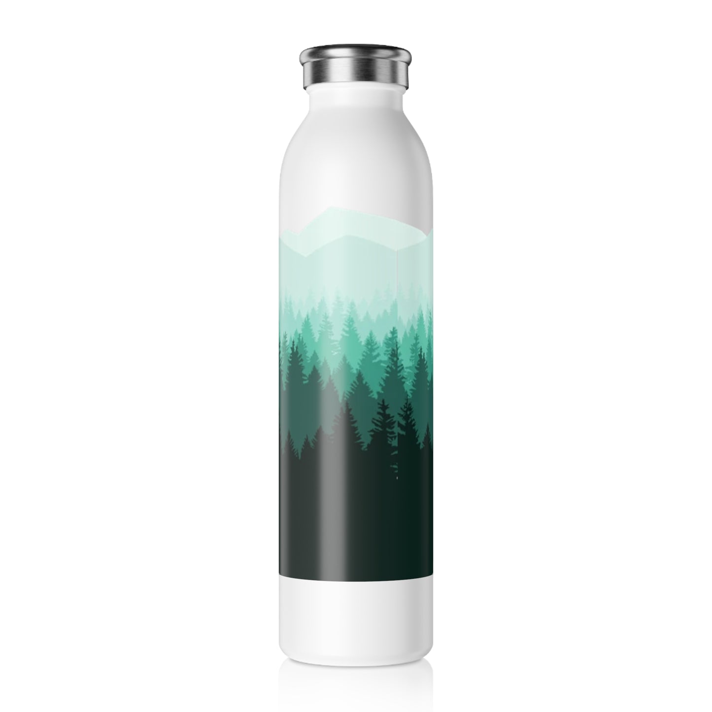 White water bottle with a forest design on a white background