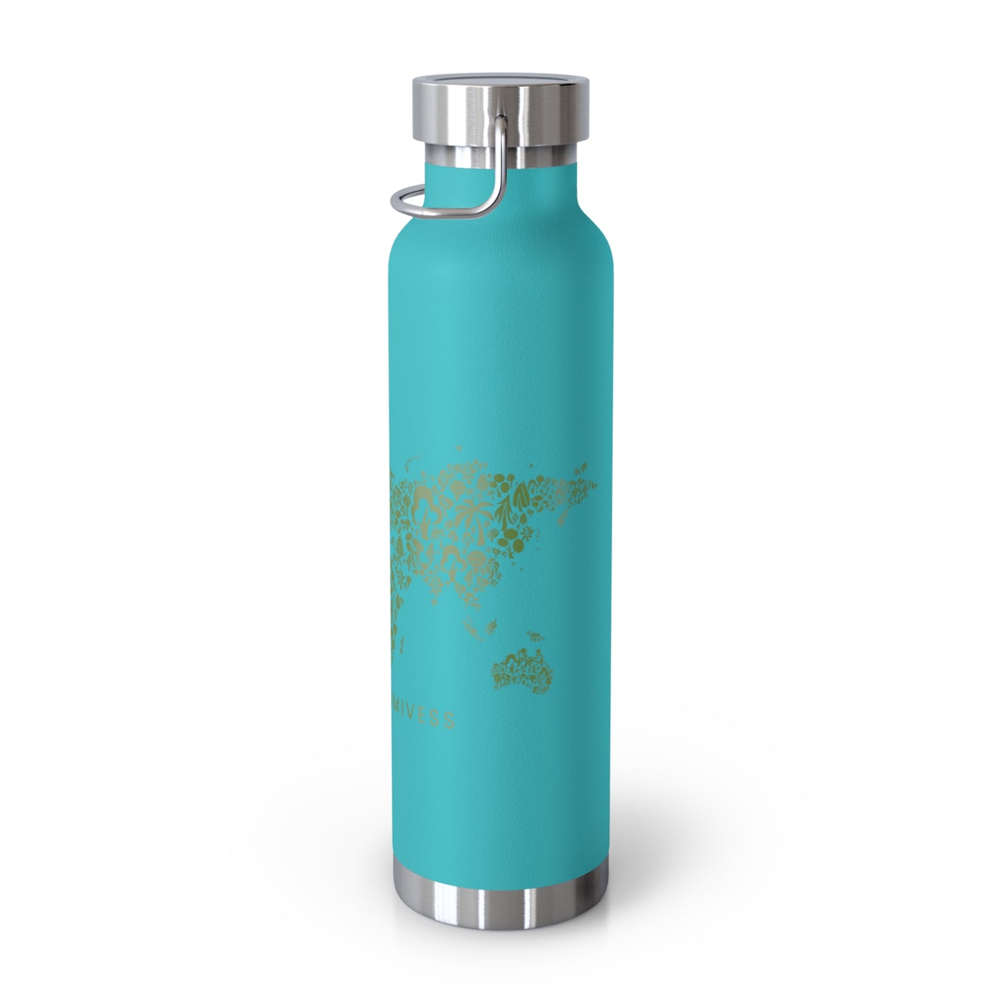 Turquoise water bottle with silver cap on a white background