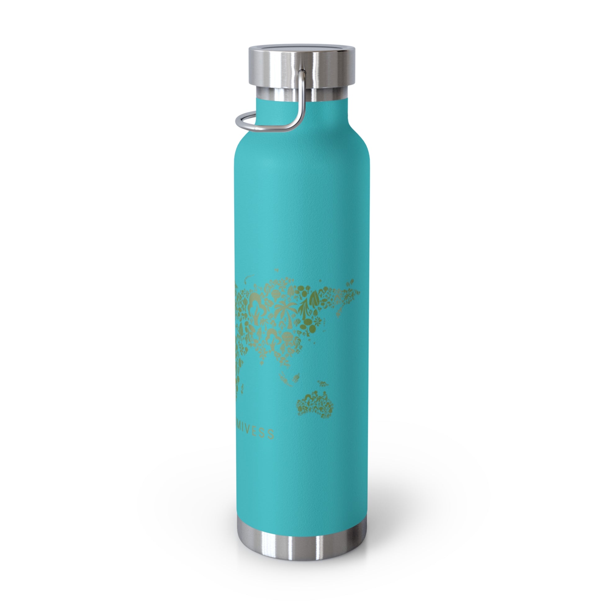 Turquoise water bottle with silver cap on a white background