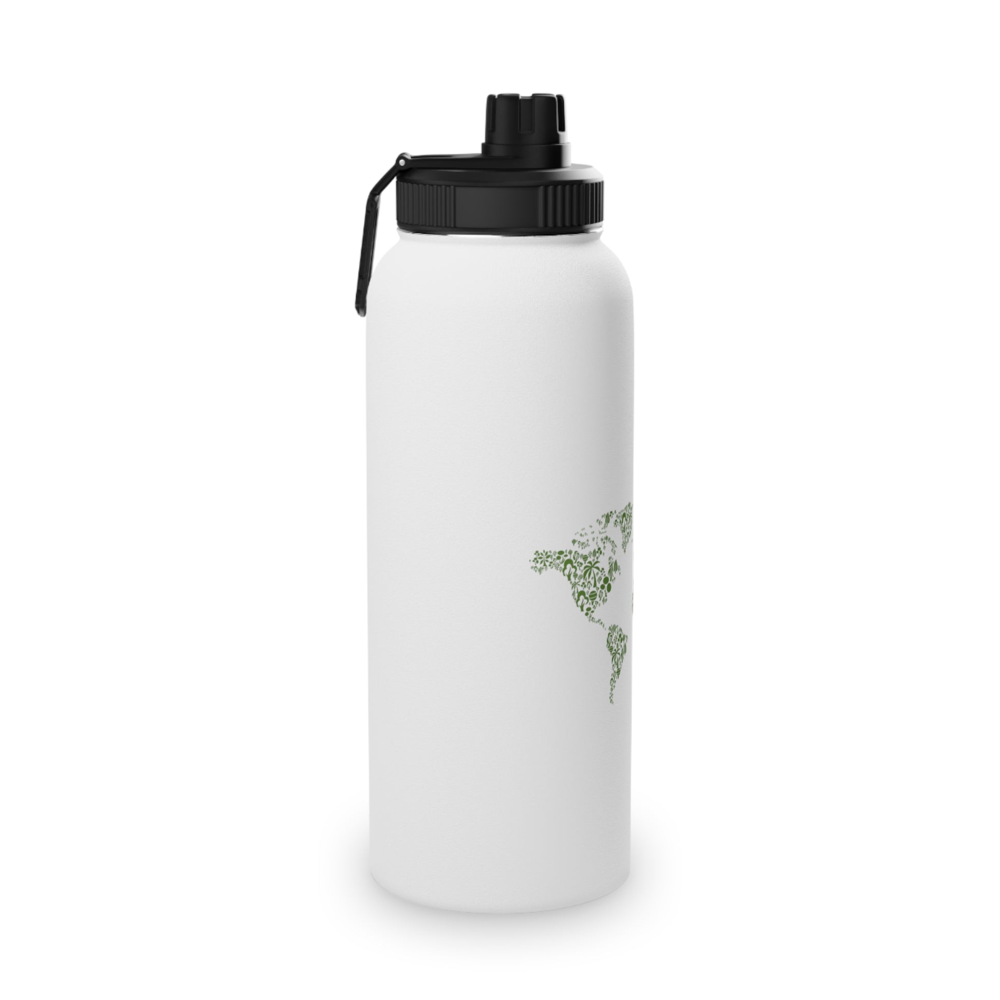 White water bottle with black cap on a white background