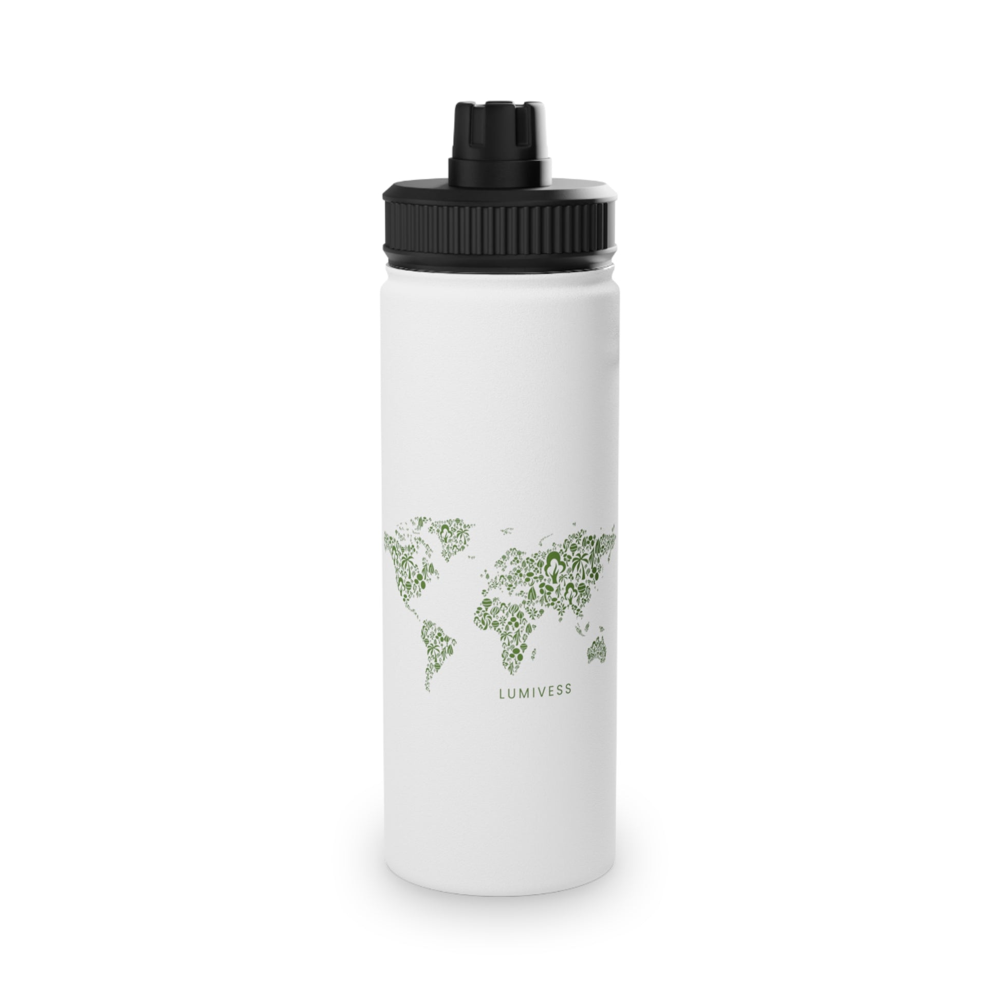 White water bottle with black lid and world map design on a white background