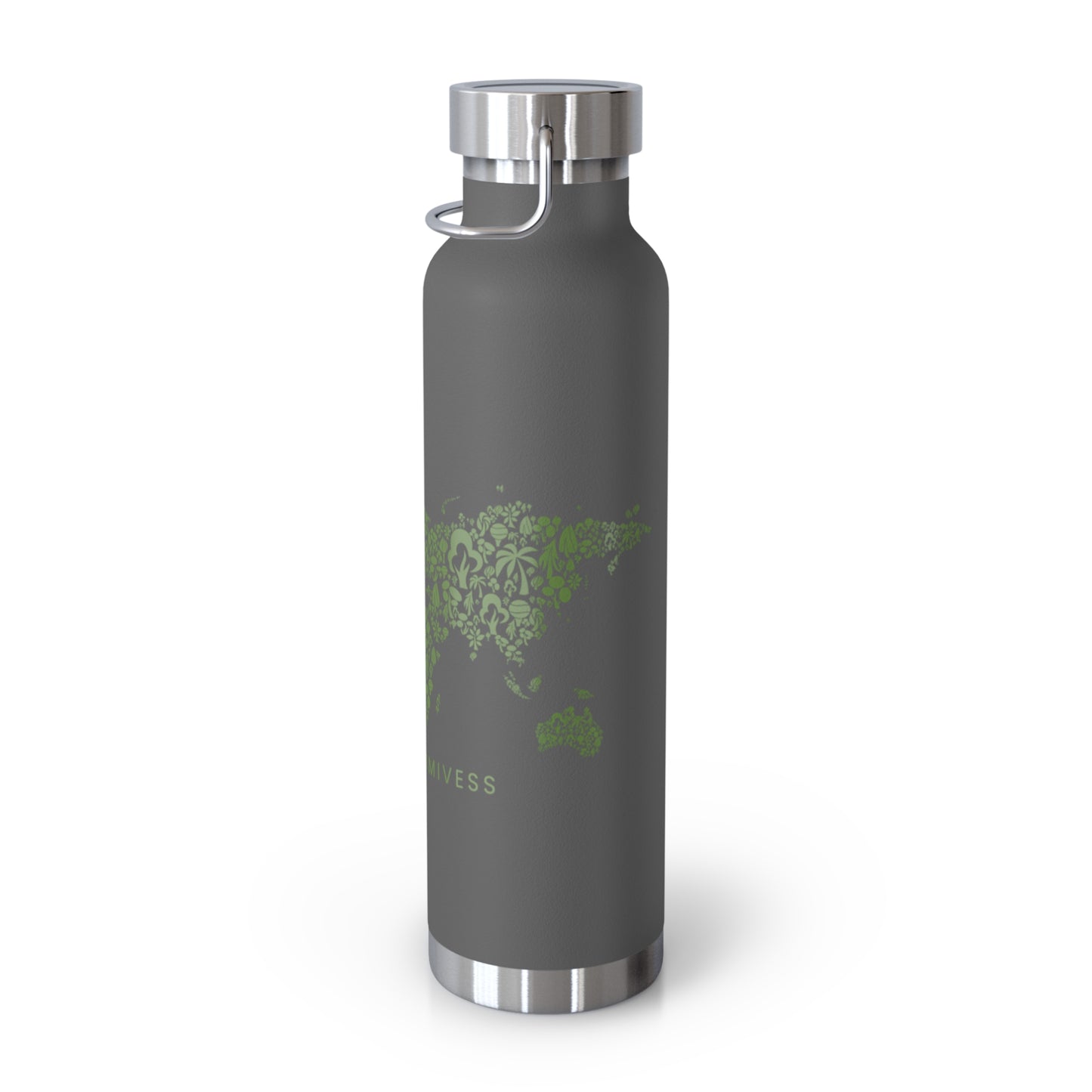 Gray water bottle with green design and silver cap on a white background
