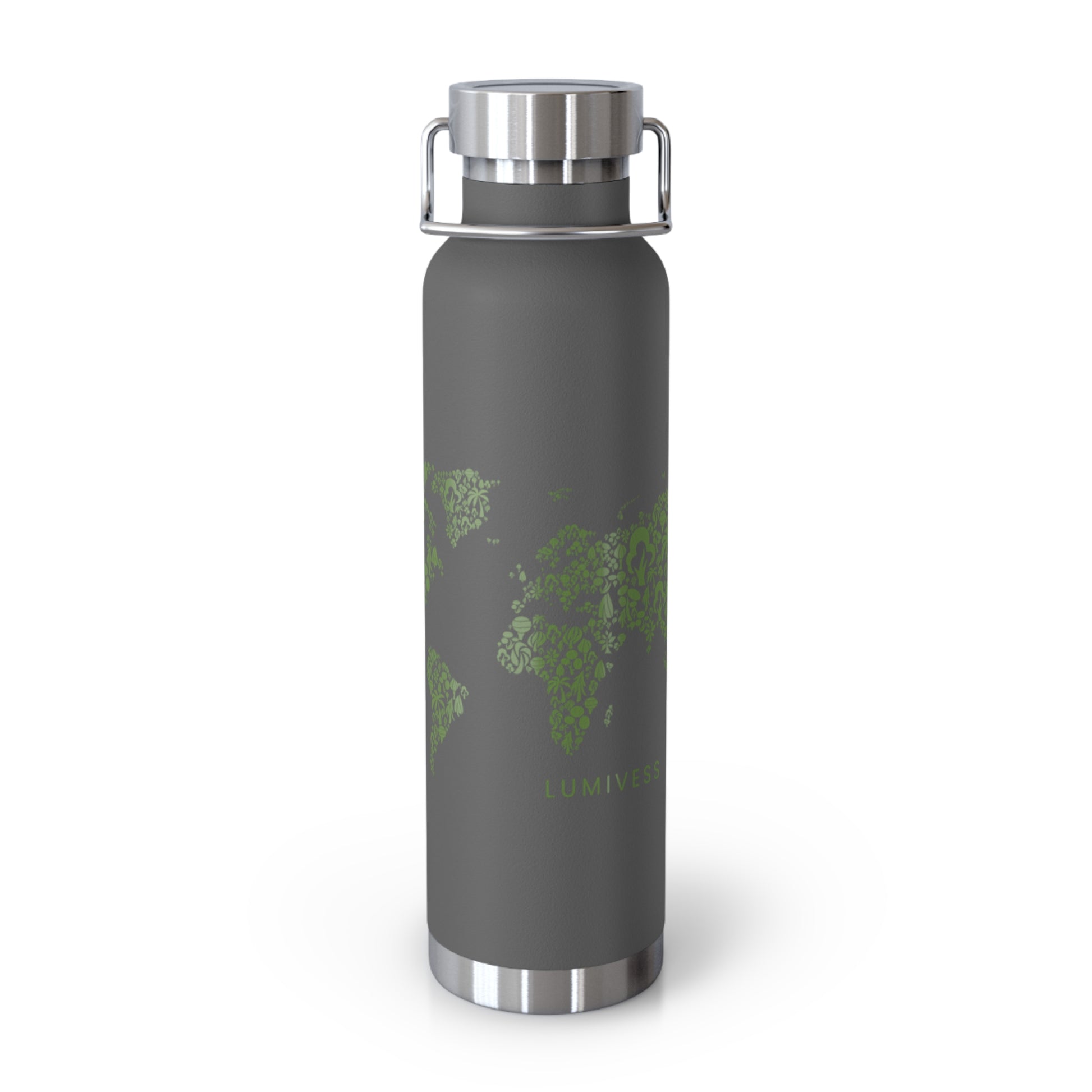 Gray water bottle with green leaf pattern and 'Lumivore' branding on a white background