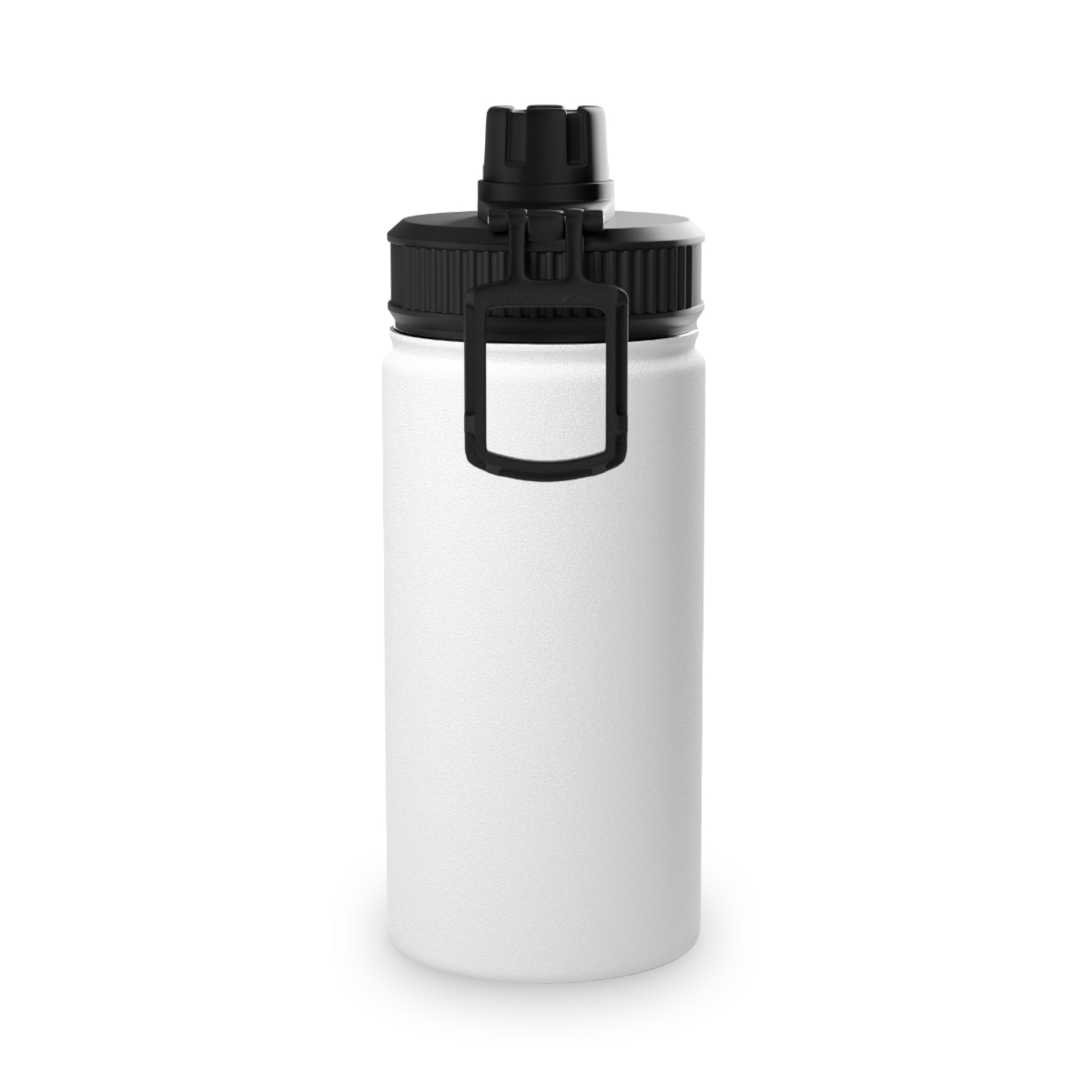 White water bottle with black lid on a white background