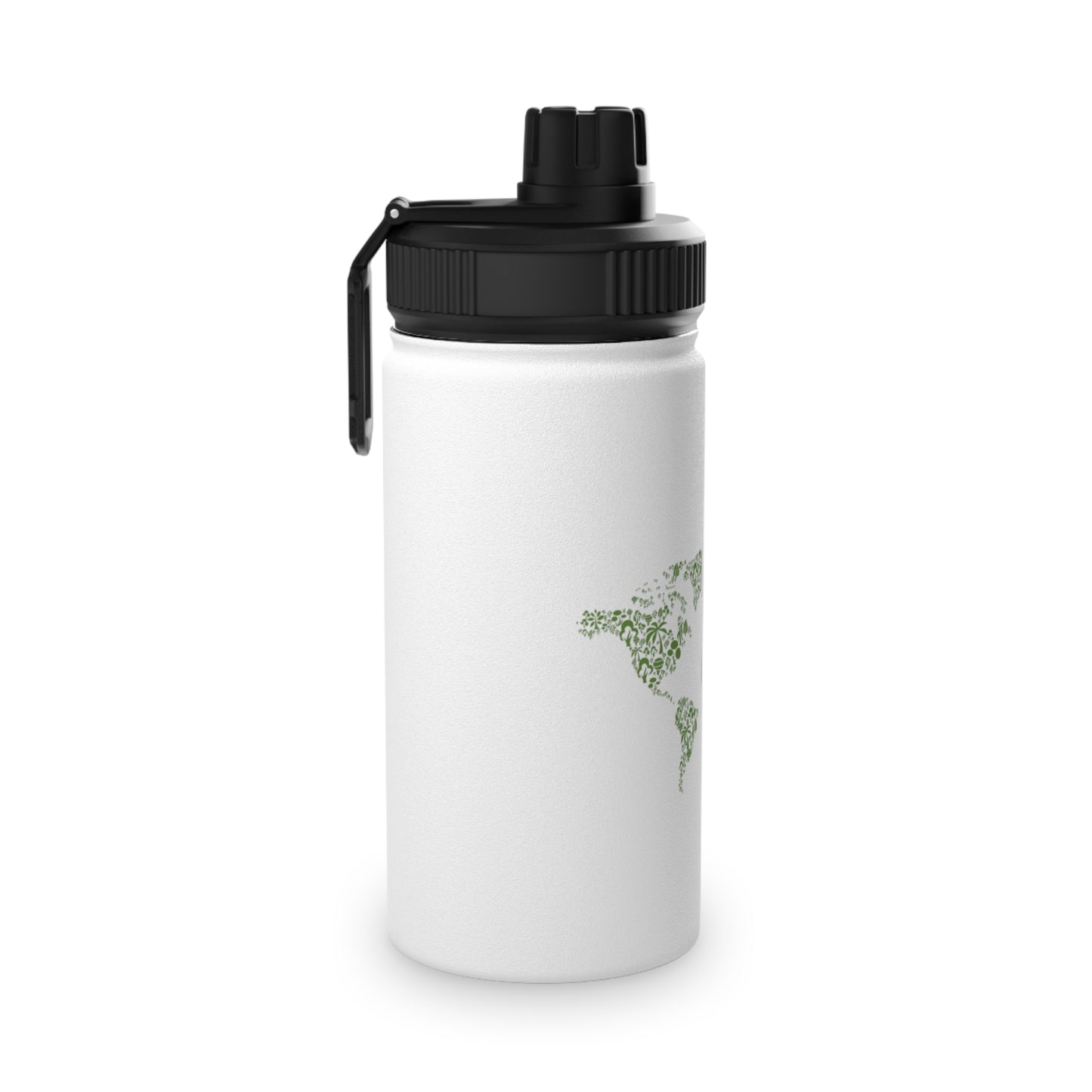 White water bottle with black lid and green leaf design on a white background