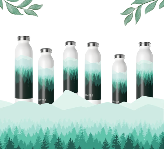 Set of water bottles with a forest design on a background with trees and mountains.