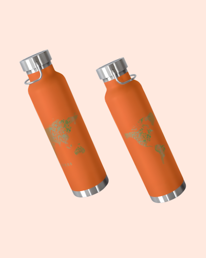 Two orange water bottles with silver caps on a beige background