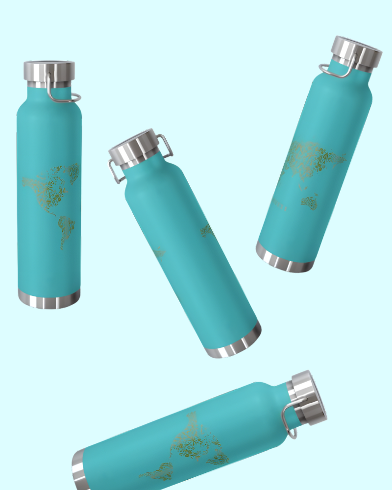 Set of turquoise water bottles with silver caps on a light blue background