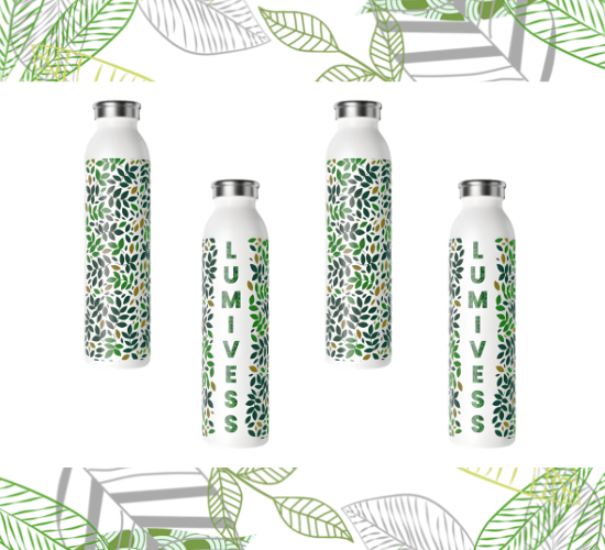 Four white water bottles with green leaf patterns and 'LUMIVESS' branding on a white background with decorative green leaves.