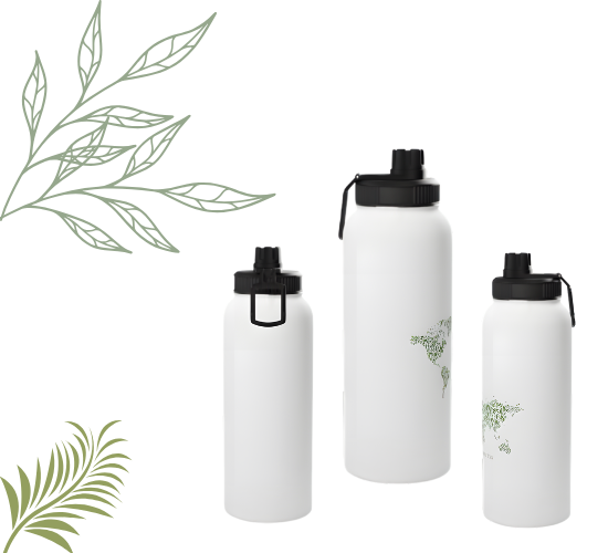 Three white water bottles with black lids on a white background with green leaf designs.